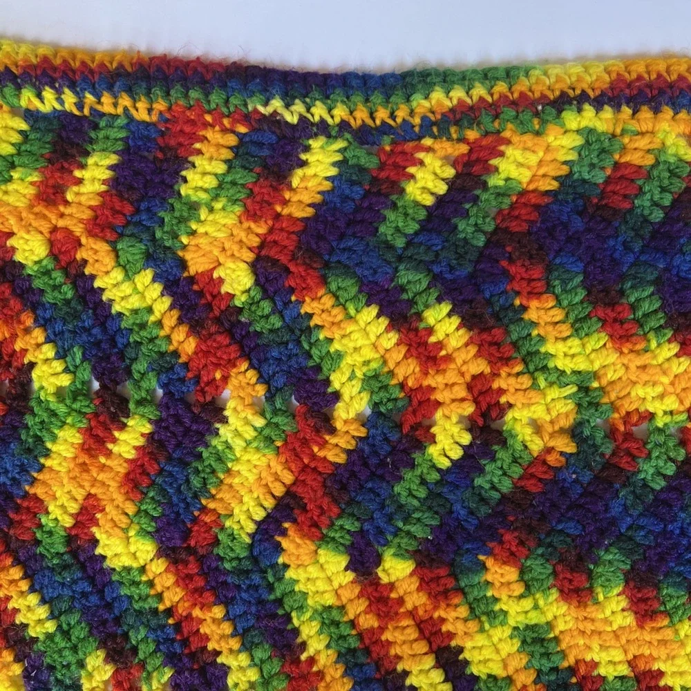 Rainbow Chevron Afghan Blanket 60x49 VTG boho Handmade Crochet Colorful Throw